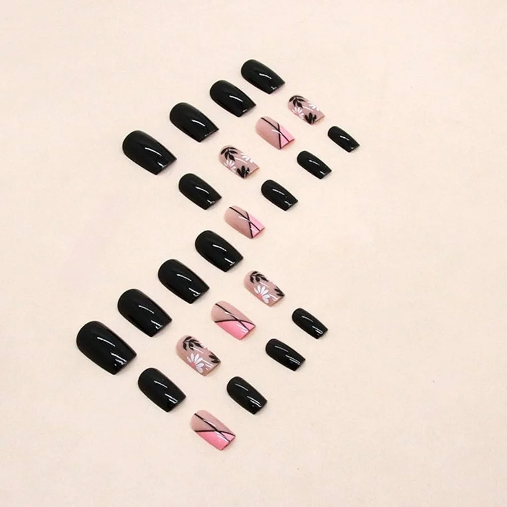 Black & Pink Floral Press On Nails